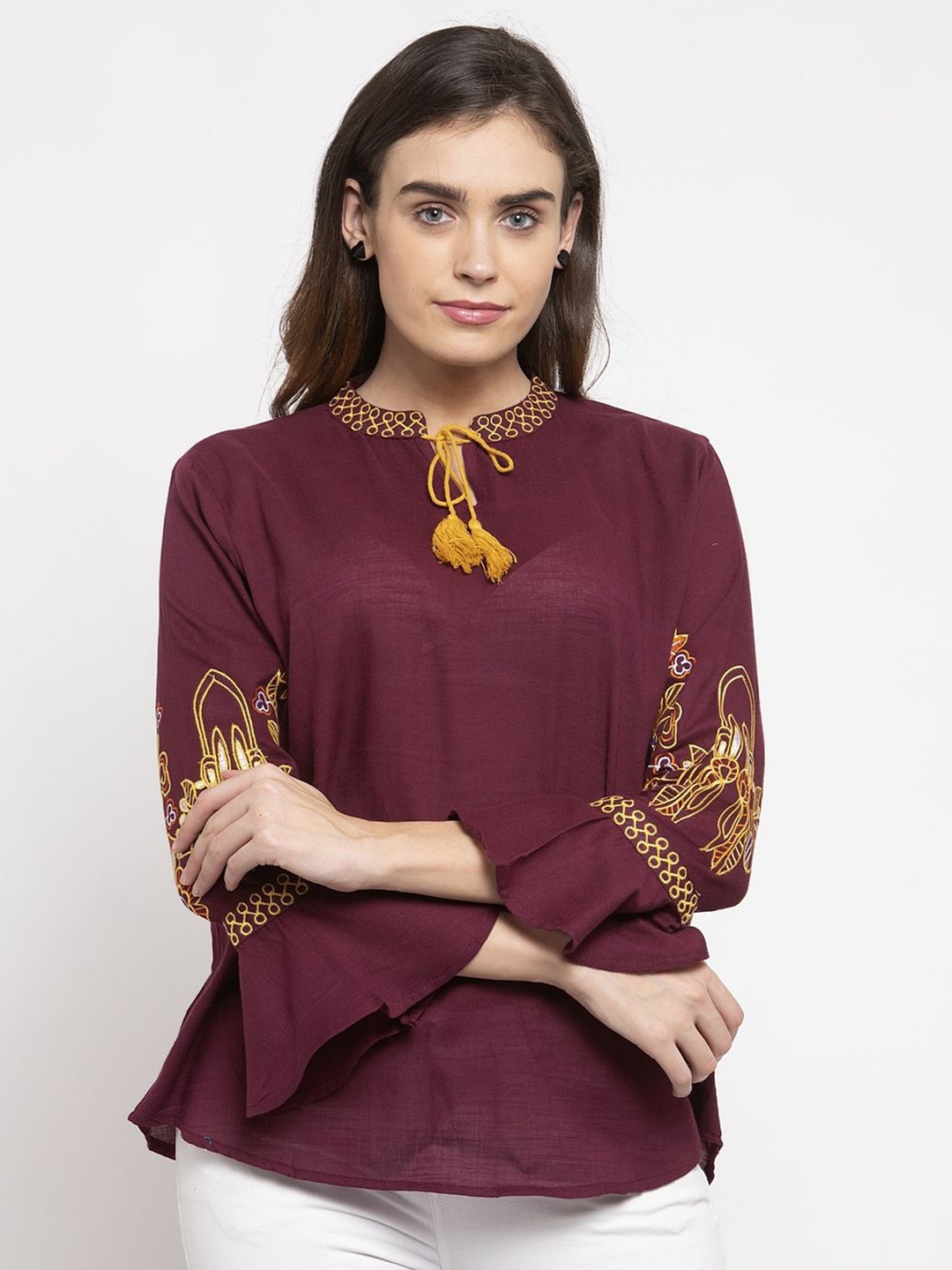 

Purple State Tie-Up Neck Cotton Top, Maroon