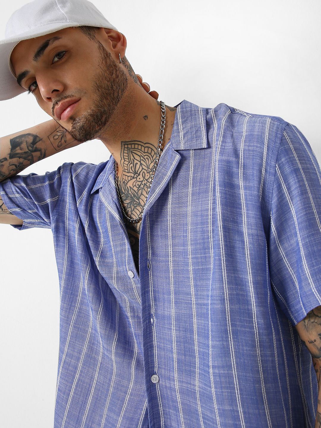 

VASTRADO Men Striped Resort Collar Oversized Shirt, Blue