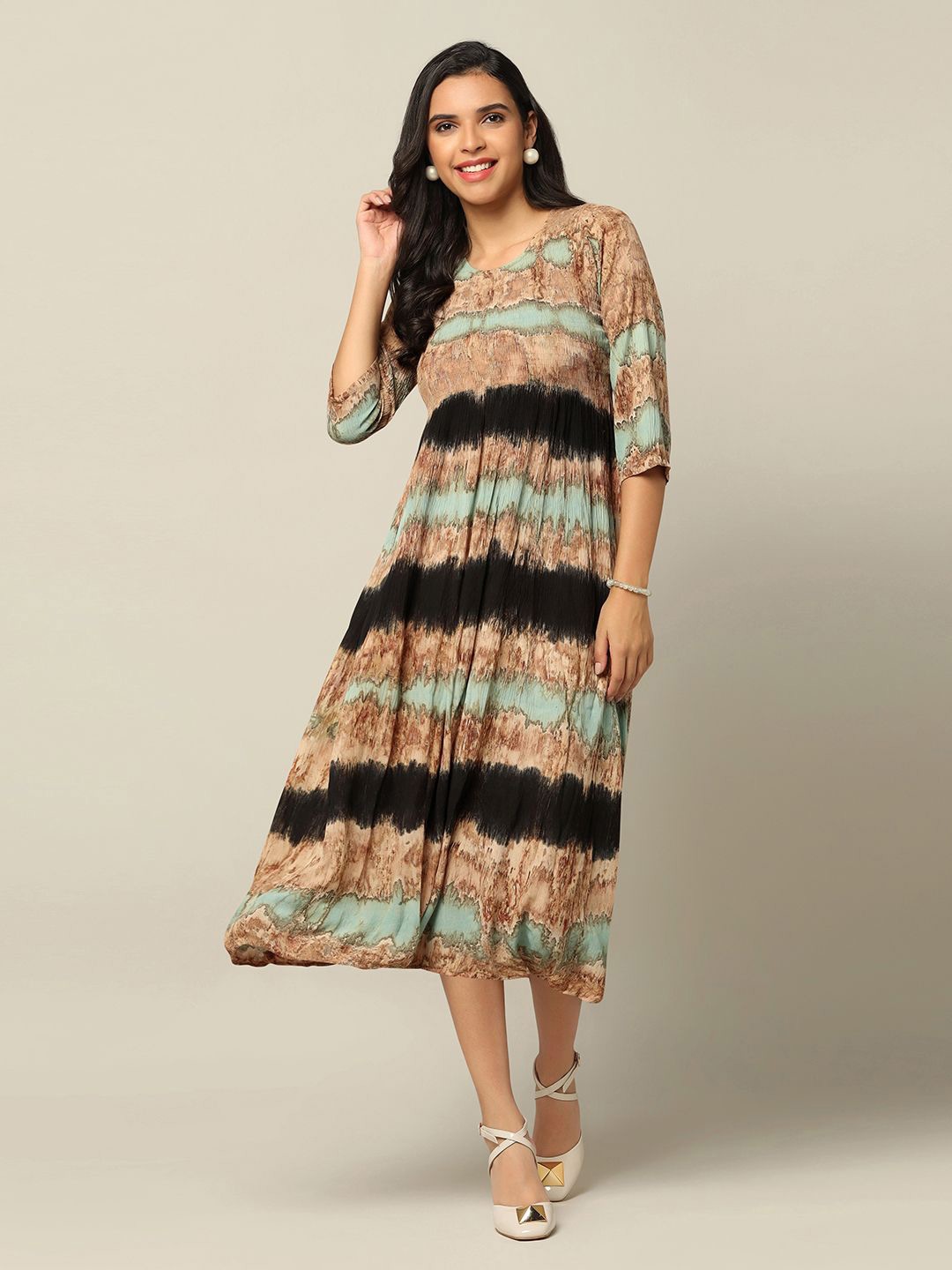 

OMPAX Print Fit & Flare Midi Dress, Beige