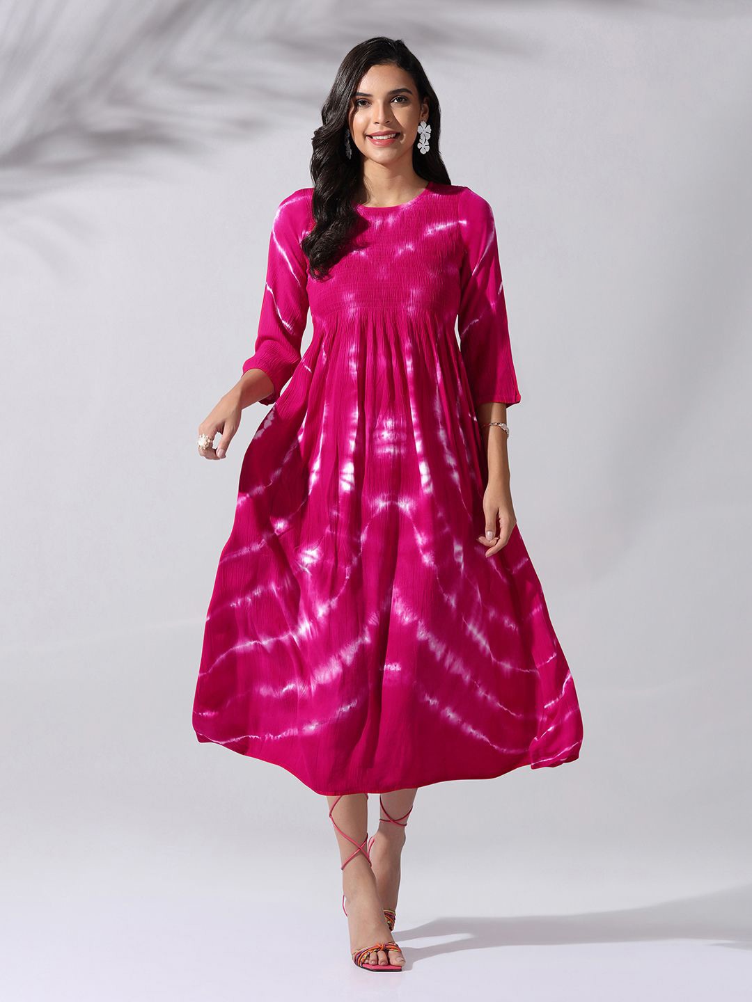 

OMPAX Tie and Dye Print A-Line Midi Dress, Pink