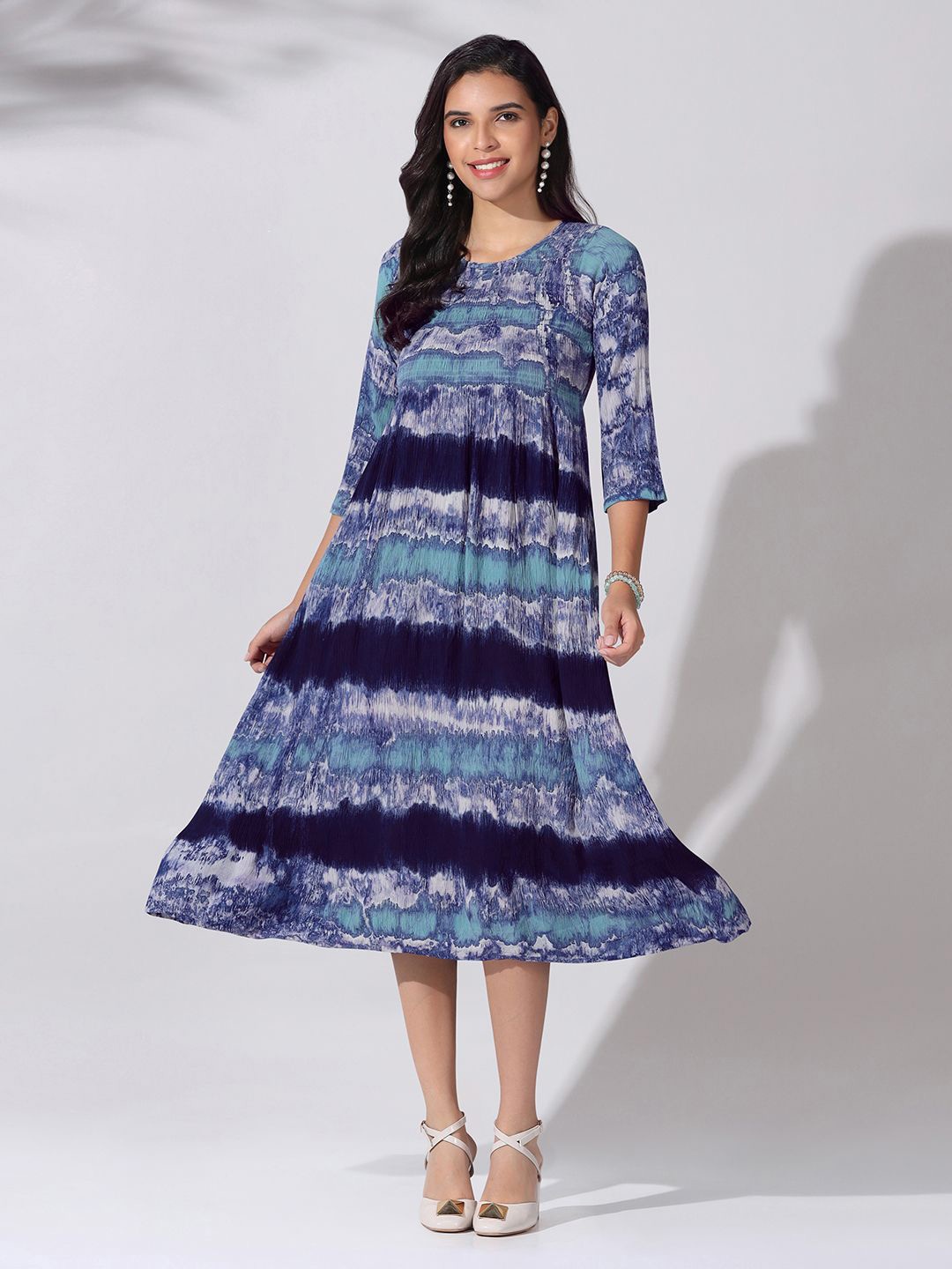 

OMPAX Tie and Dye Print Empire Midi Dress, Blue