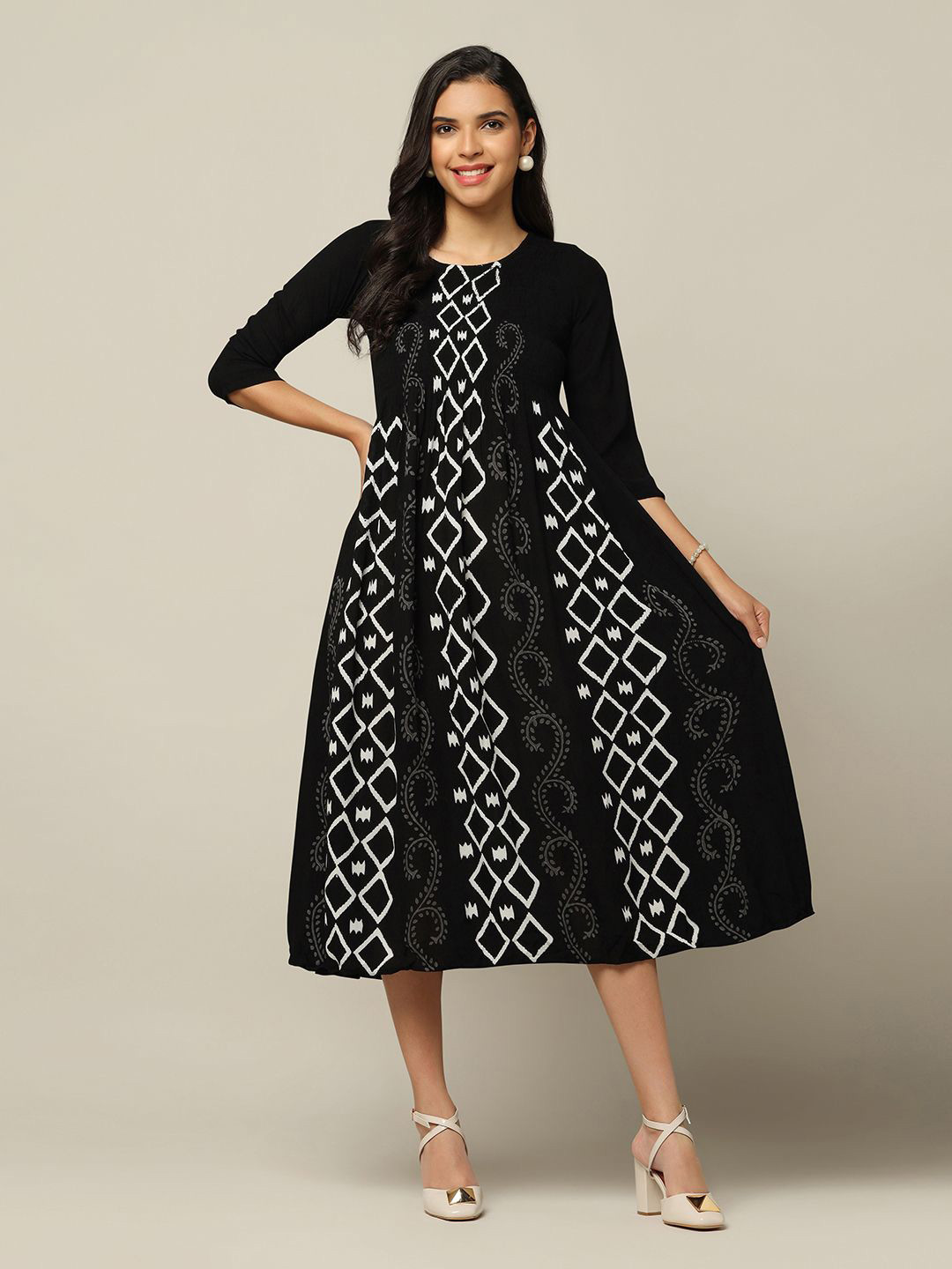 

OMPAX Print A-Line Midi Dress, Black