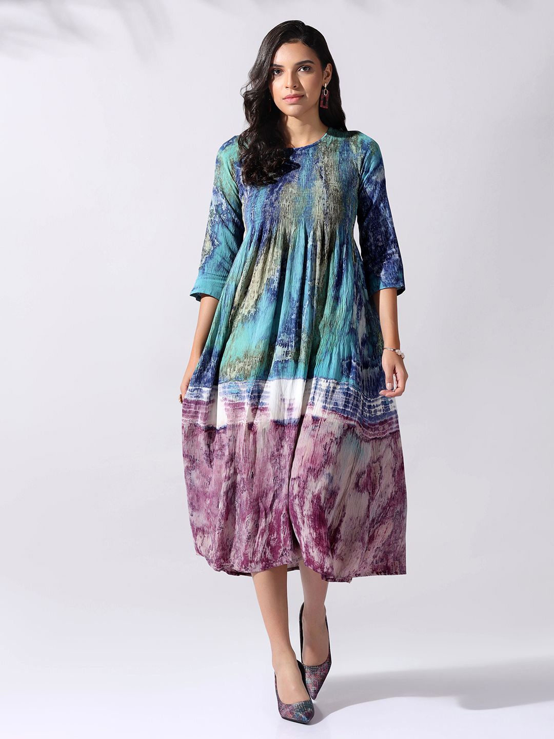 

OMPAX Tie and Dye Print Empire Midi Dress, Blue