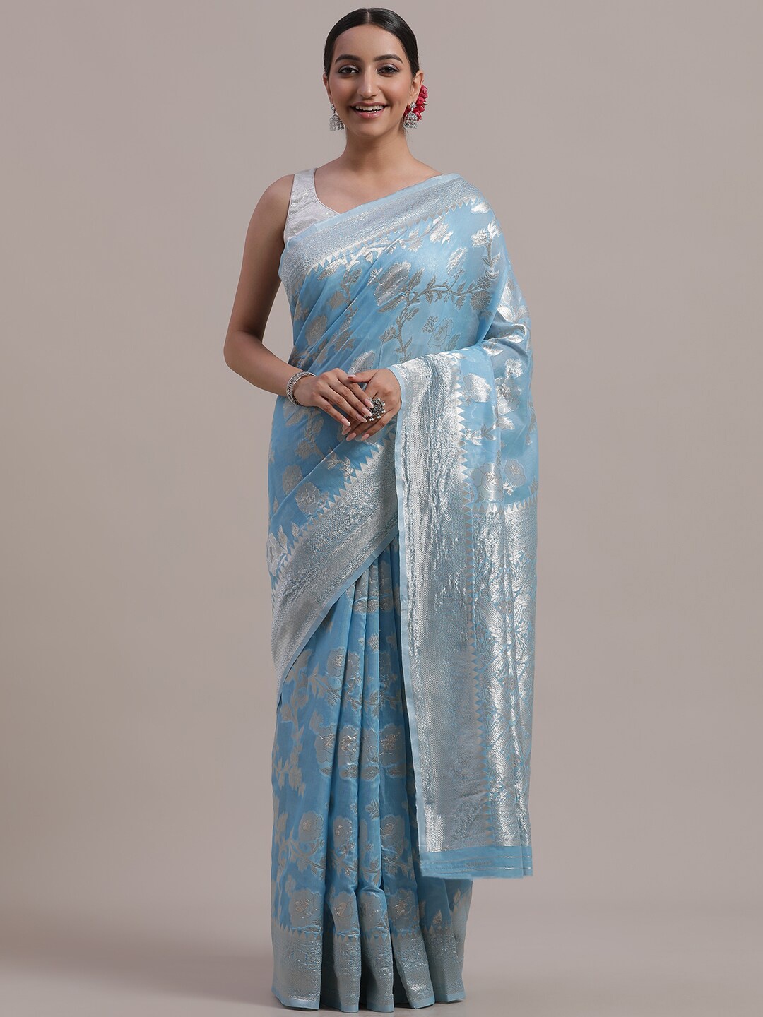 

VISHNU CREATIONS Ethnic Motifs Zari Banarasi Saree, Blue