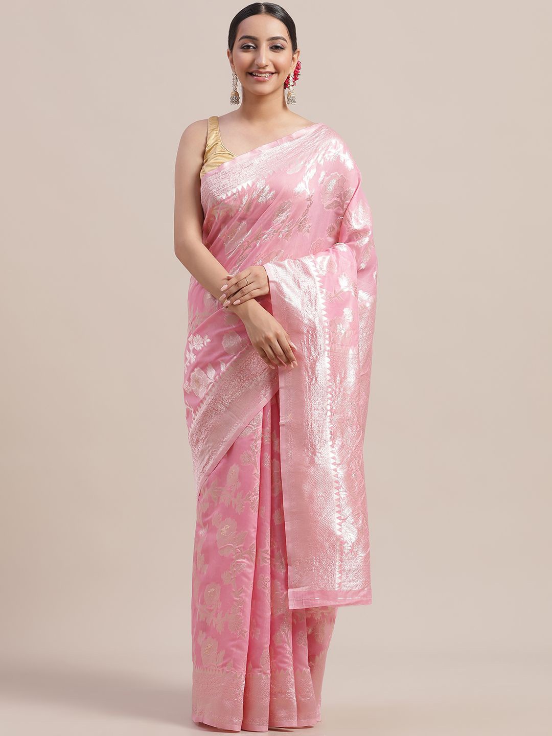 

VISHNU CREATIONS Floral Zari Banarasi Saree, Pink