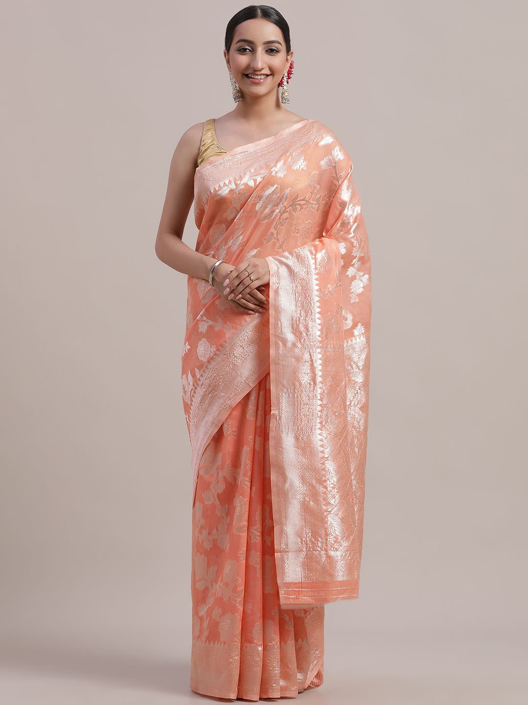 

VISHNU CREATIONS Woven Design Zari Banarasi Saree, Orange