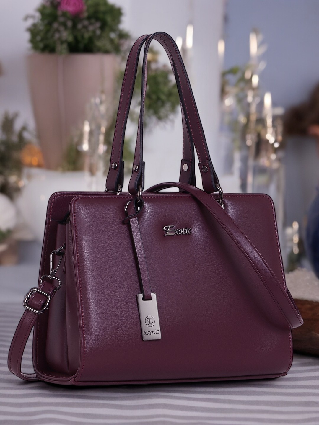 

Exotic Structured Handheld Bag with Cut Work, Burgundy