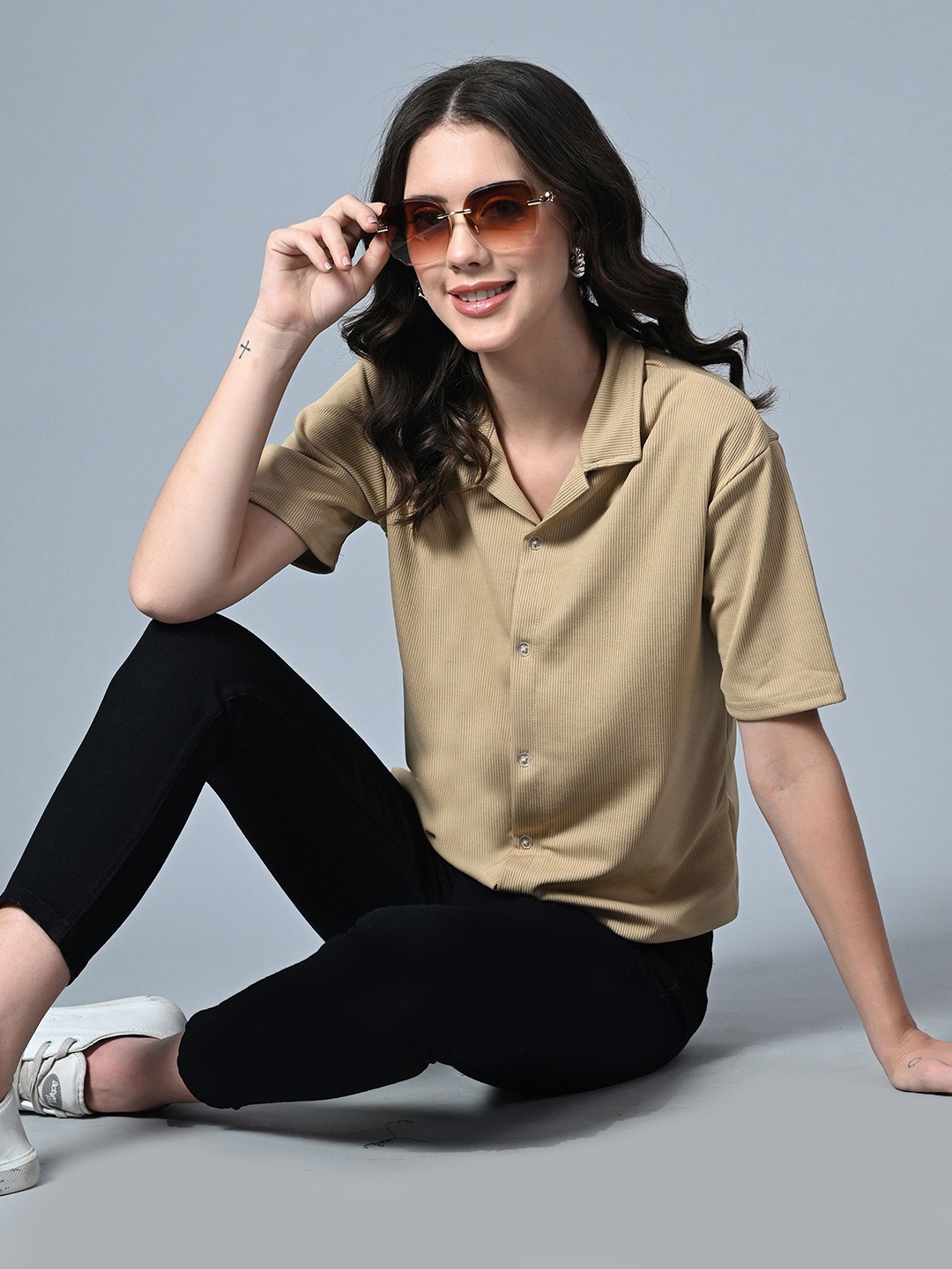 

CLAFOUTIS Crepe Shirt Style Top, Camel brown