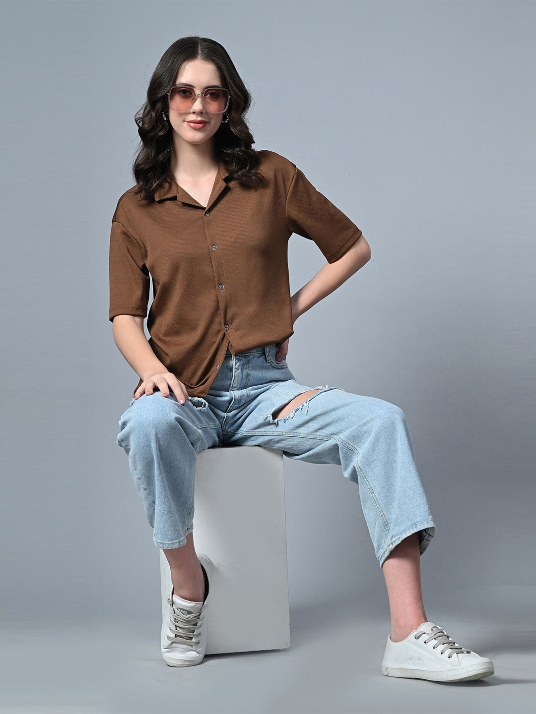 

CLAFOUTIS Crepe Shirt Style Top, Coffee brown