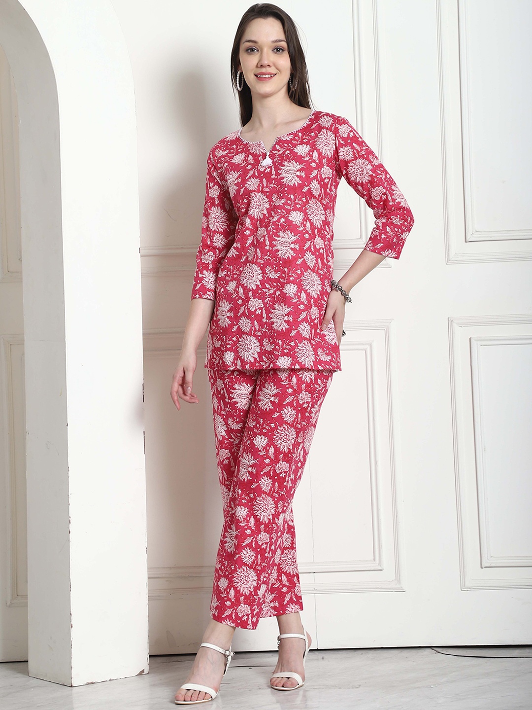 

Rajnandini Printed Pure Cotton Tunic With Trousers Co-Ords Set, Pink