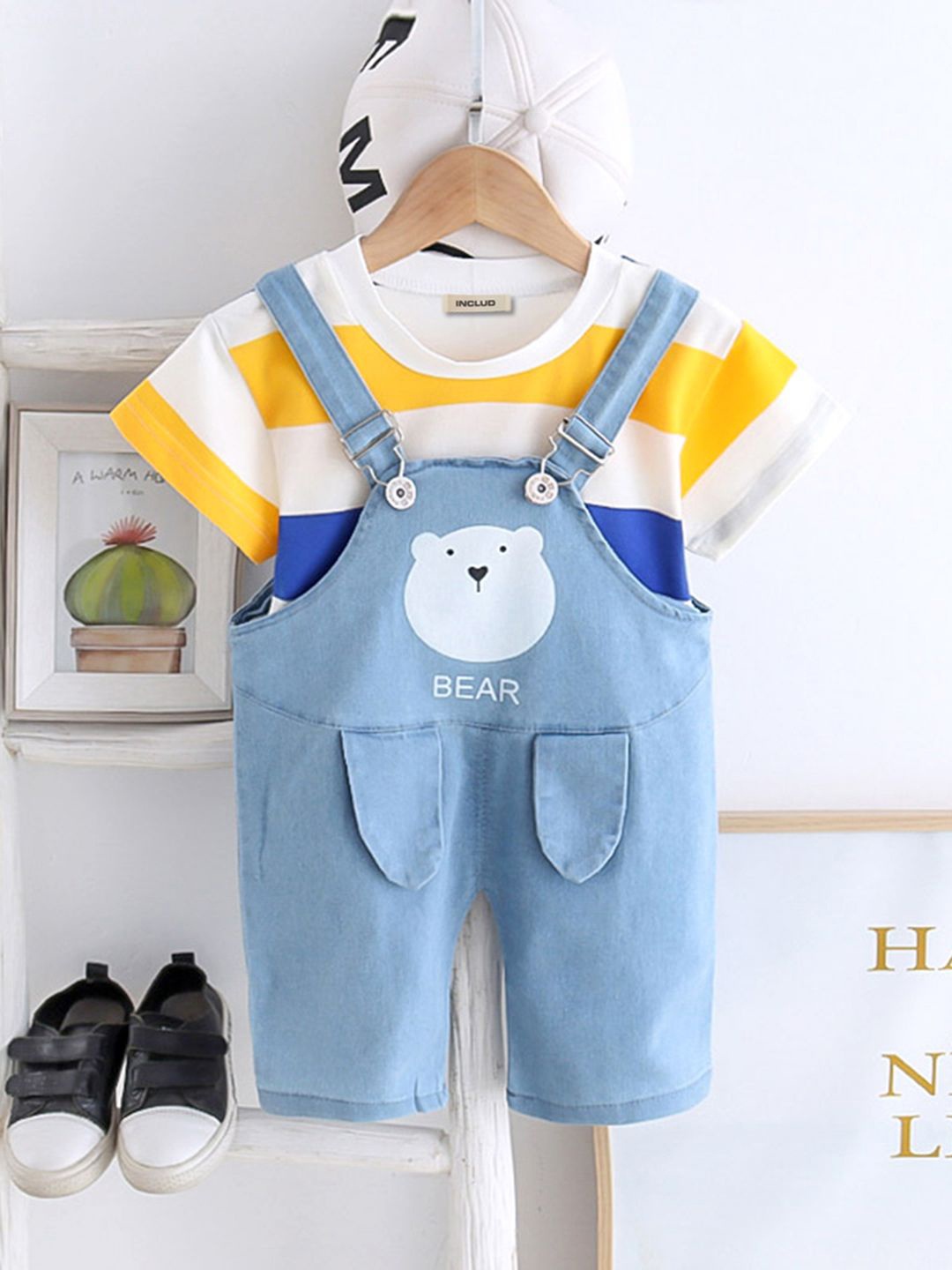 

INCLUD Boys Straight Leg Striped T-Shirt With Denim Dungaree, White