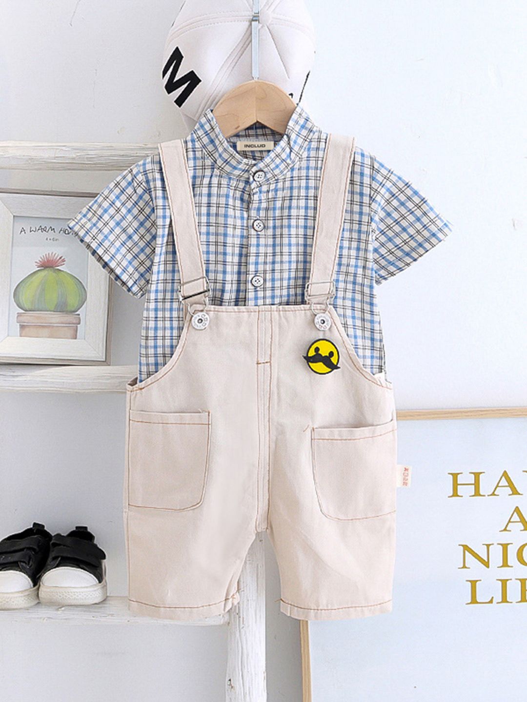 

INCLUD Boys Dungaree With Gingham Check Shirt, Blue