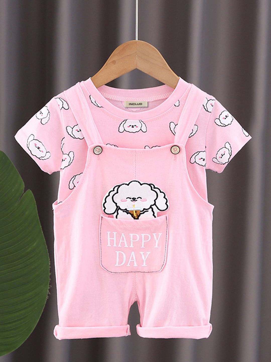 

INCLUD Girls Printed T-shirt With Dungaree Set, Pink