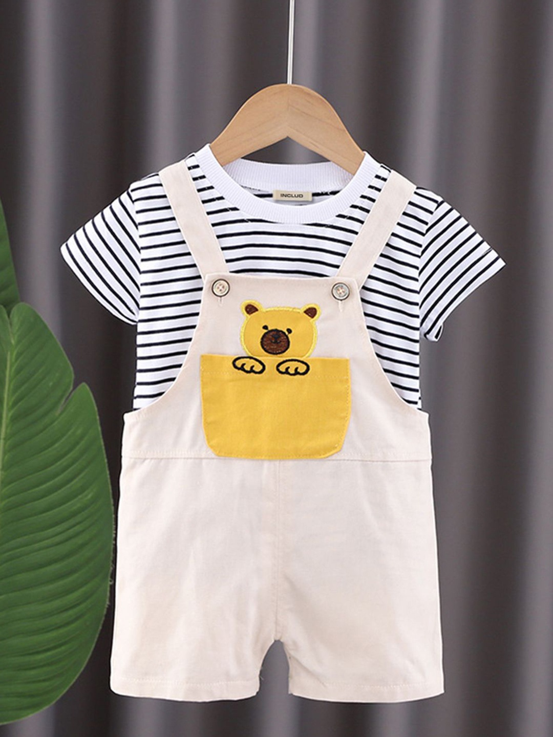 

INCLUD Boys Striped T-shirt With Patch Pocket Dungaree Set, Beige