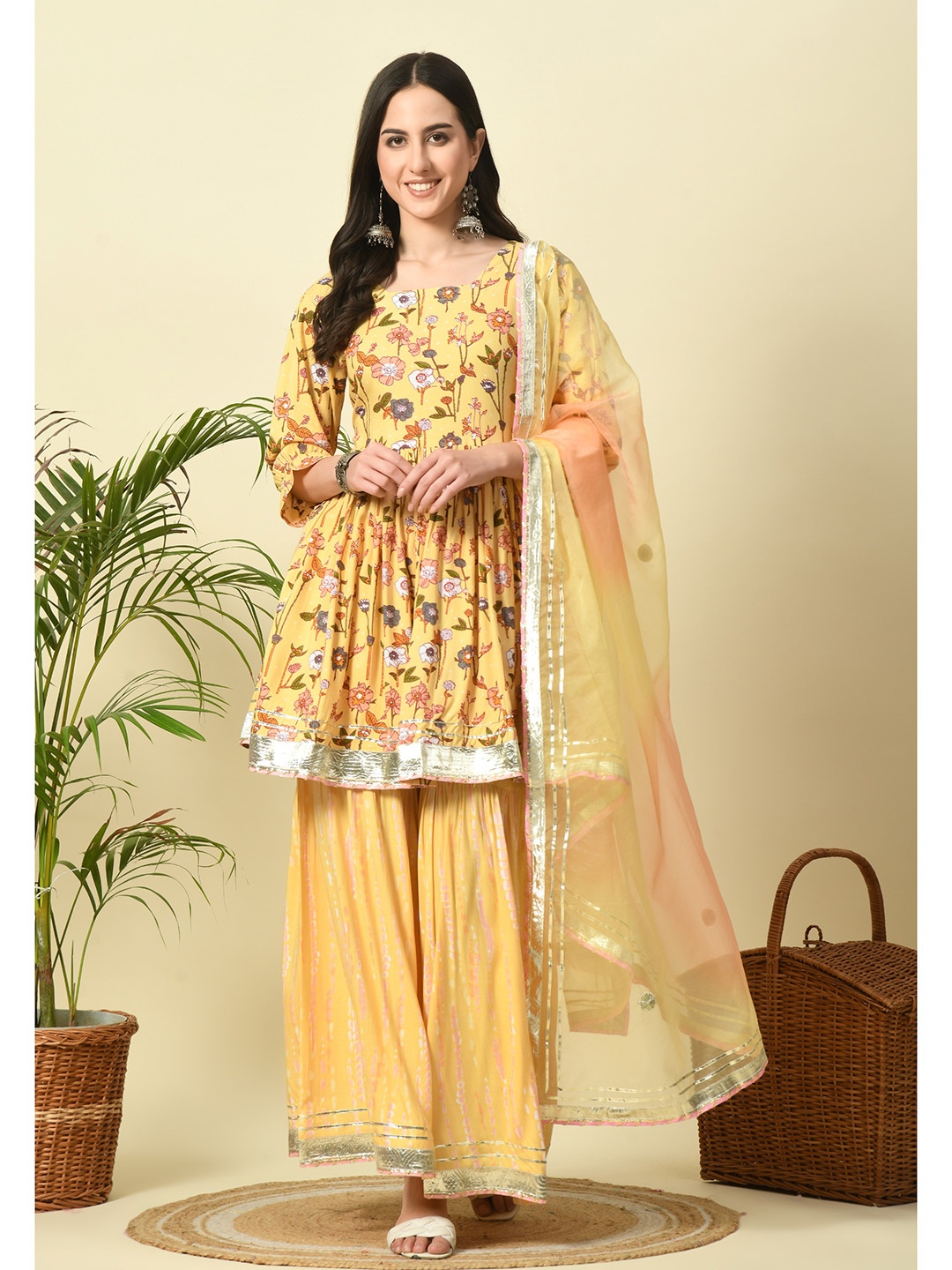 

ETISHA Floral Printed Pleated Anarkali Zari Kurta With Sharara & Dupatta, Mustard