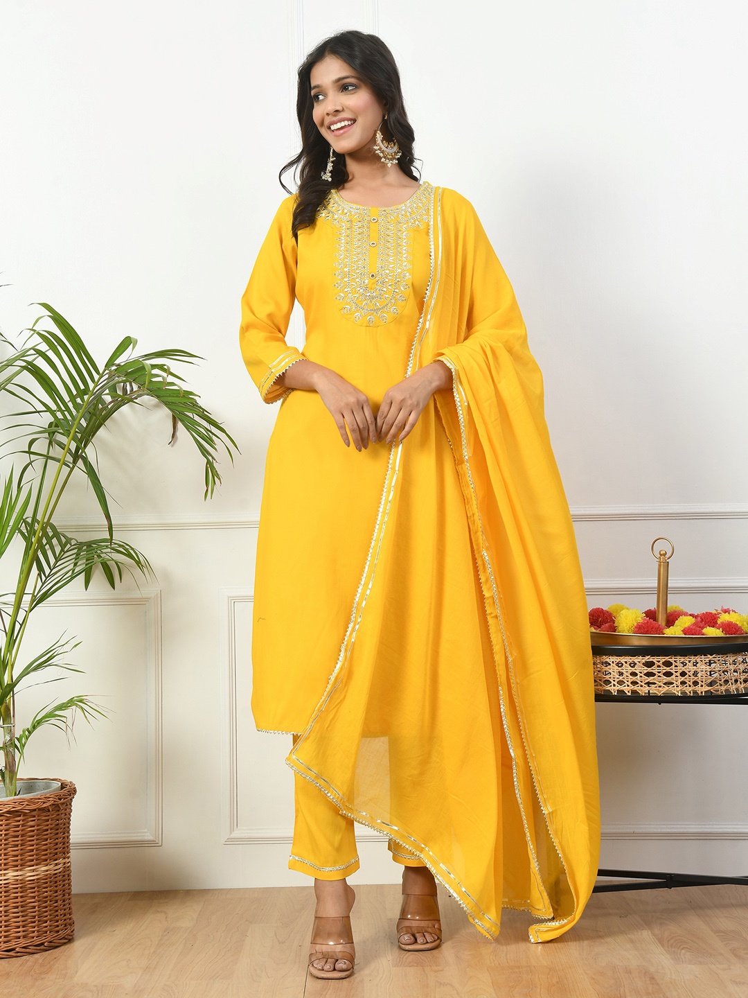 

ETISHA Ethnic Motifs Embroidered Thread Work Kurta With Trousers & Dupatta, Mustard