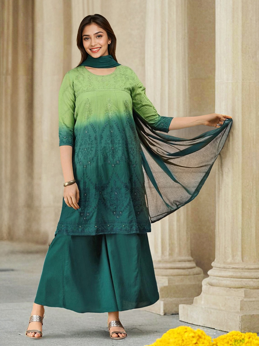 

Ishin Women Ombre Dyed Regular Thread Work Pure Cotton Kurta with Palazzos & With Dupatta, Olive