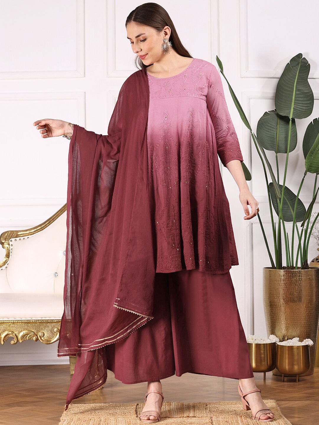 

Ishin Women Ombre Embroidered Regular Thread Work Pure Cotton Kurta with Palazzos & With Dupatta, Maroon