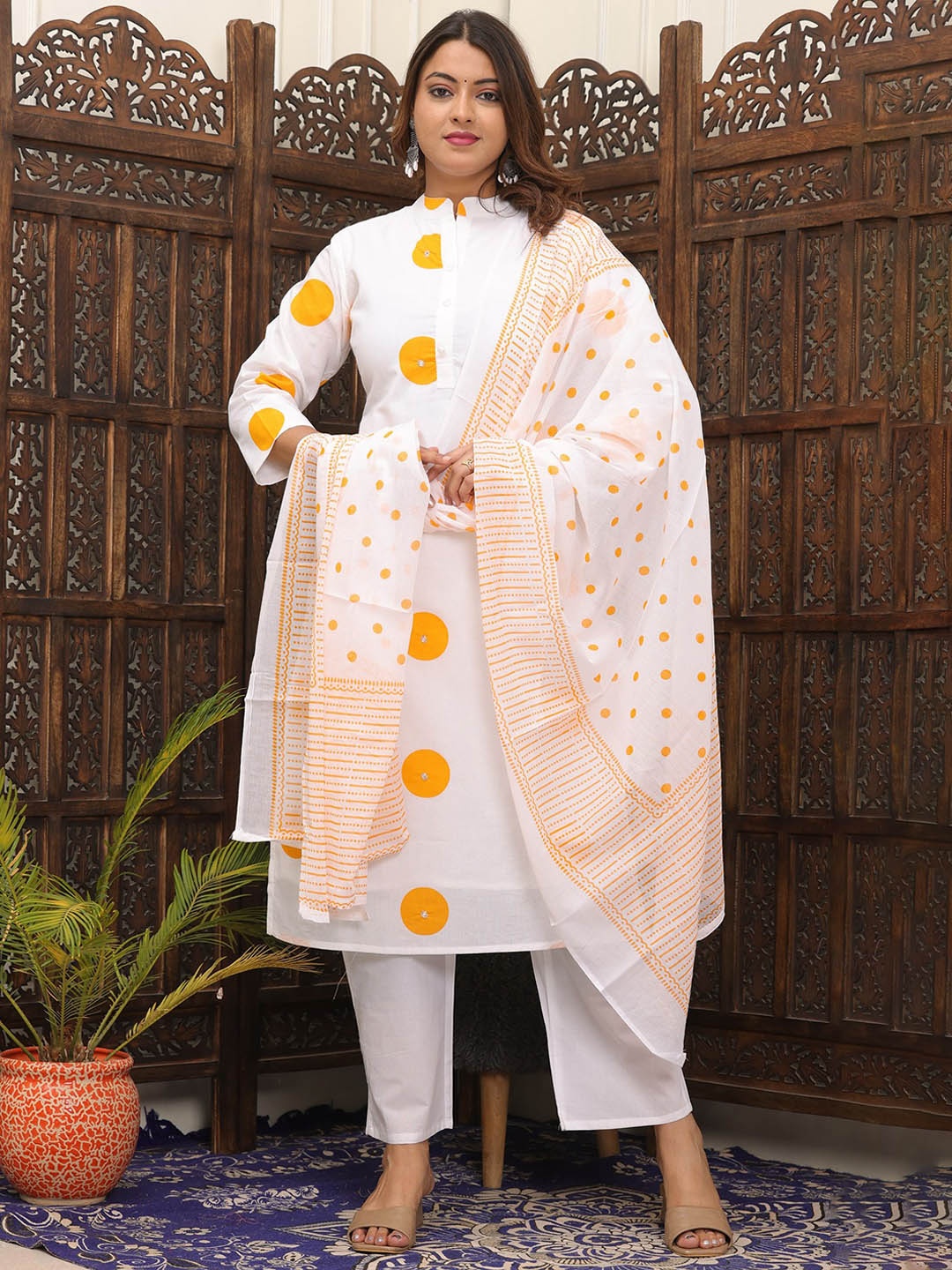 

PARTHVI Women Printed Regular Thread Work Pure Cotton Kurta with Trousers & With Dupatta, Yellow