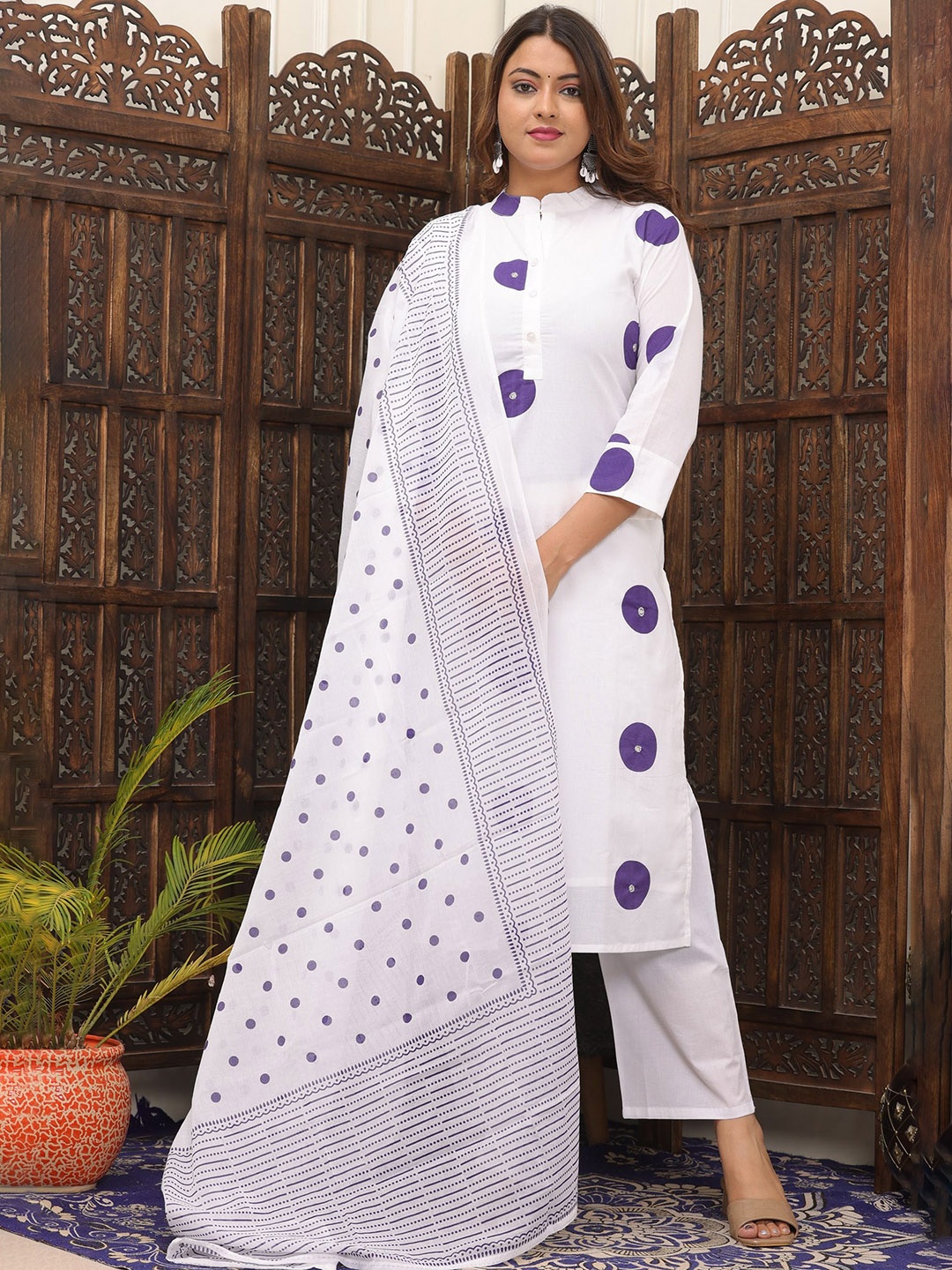 

PARTHVI Women Printed Regular Thread Work Pure Cotton Kurta with Trousers & With Dupatta, Purple