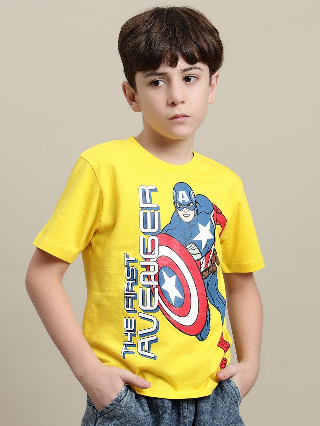 

Kids Ville Boys Captain America Printed Pure Cotton T-Shirt, Yellow
