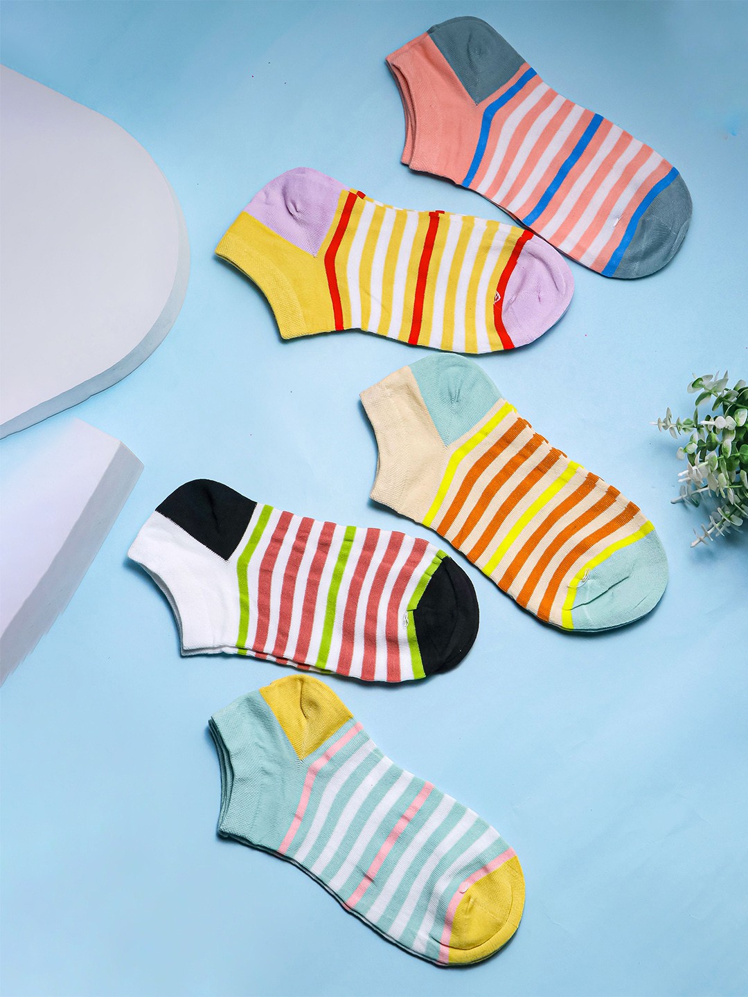 

Brauch Women Pack Of 5 Striped Cotton Ankle-Length Socks, White