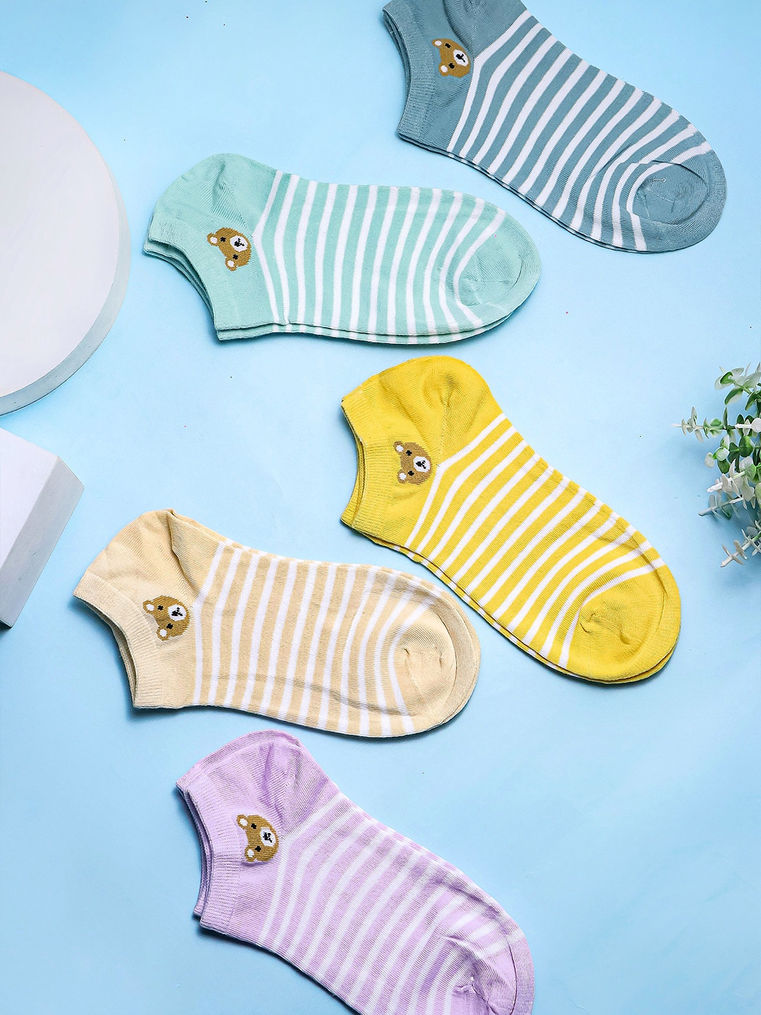 

Brauch Women Pack Of 5 Striped Cotton Ankle-Length Socks, Yellow
