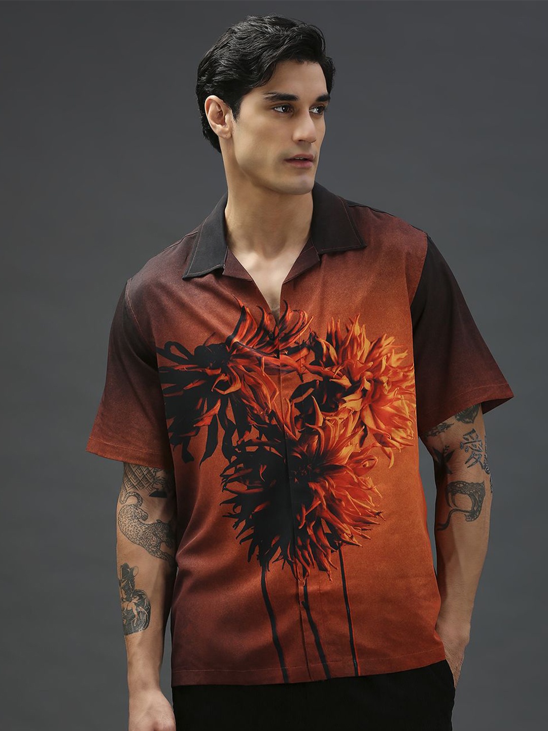 

Vibe The Hype Men Relaxed Floral Opaque Party Shirt, Orange