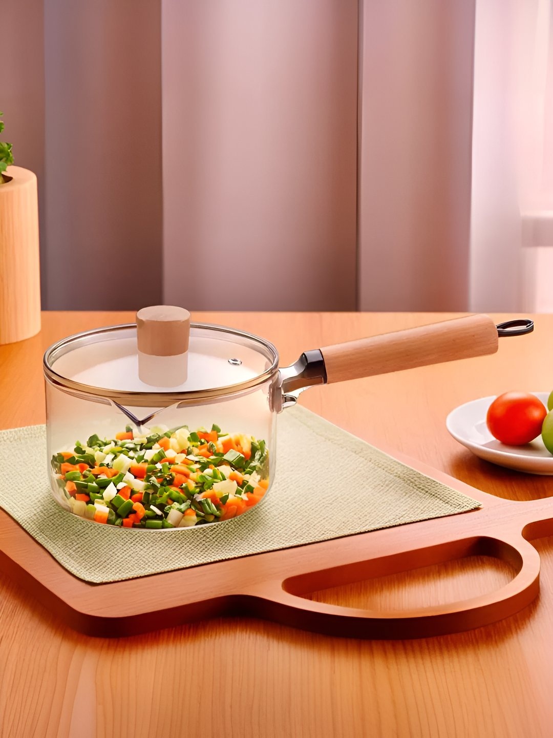 

The Better Home Transparent & Orange Glass Sauce Pan With Lid 1.45 L, Brown