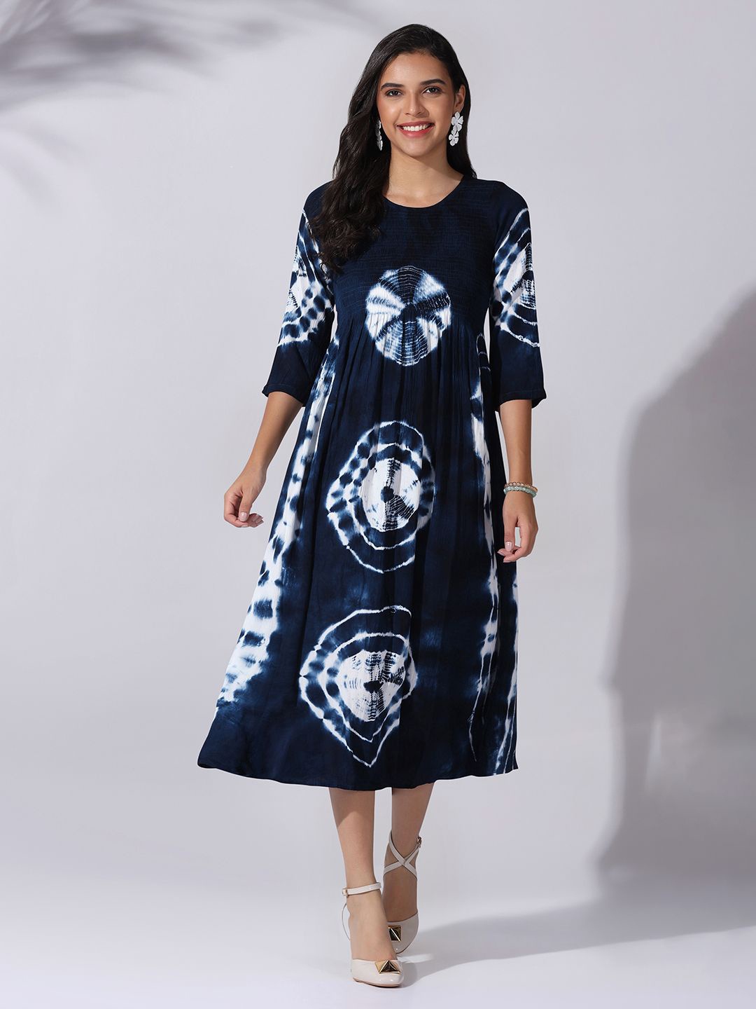 

OMPAX Print A-Line Midi Holi Dress, Navy blue