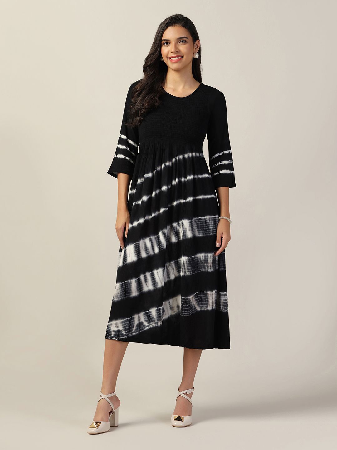 

OMPAX Print A-Line Midi Dress, Black