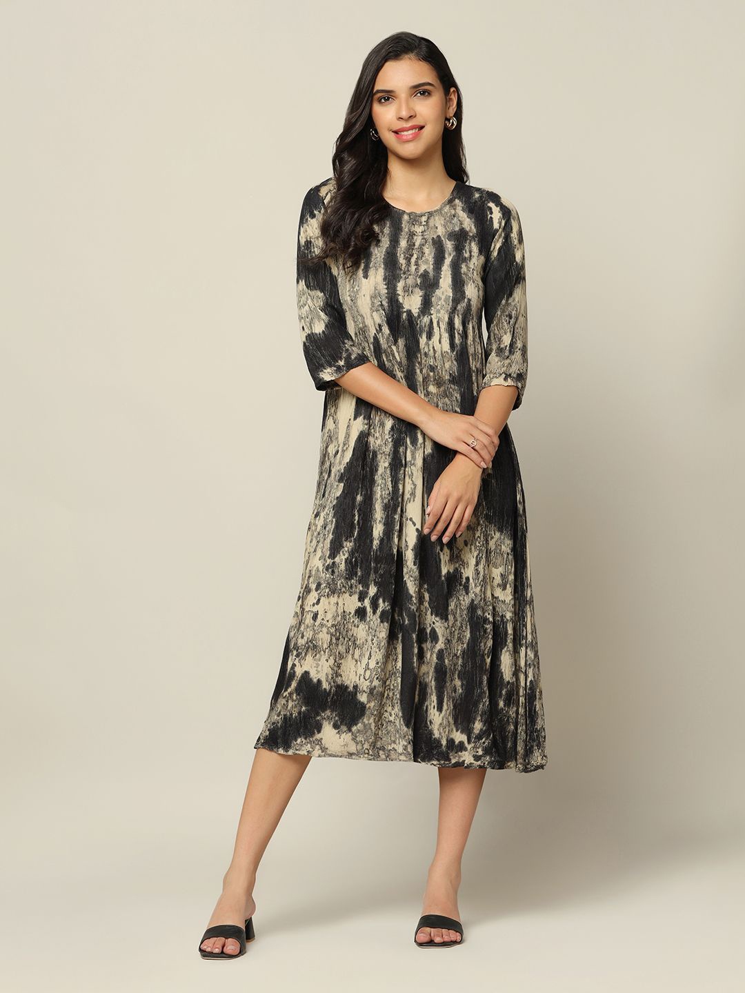 

OMPAX Tie and Dye Print A-Line Midi Dress, Black