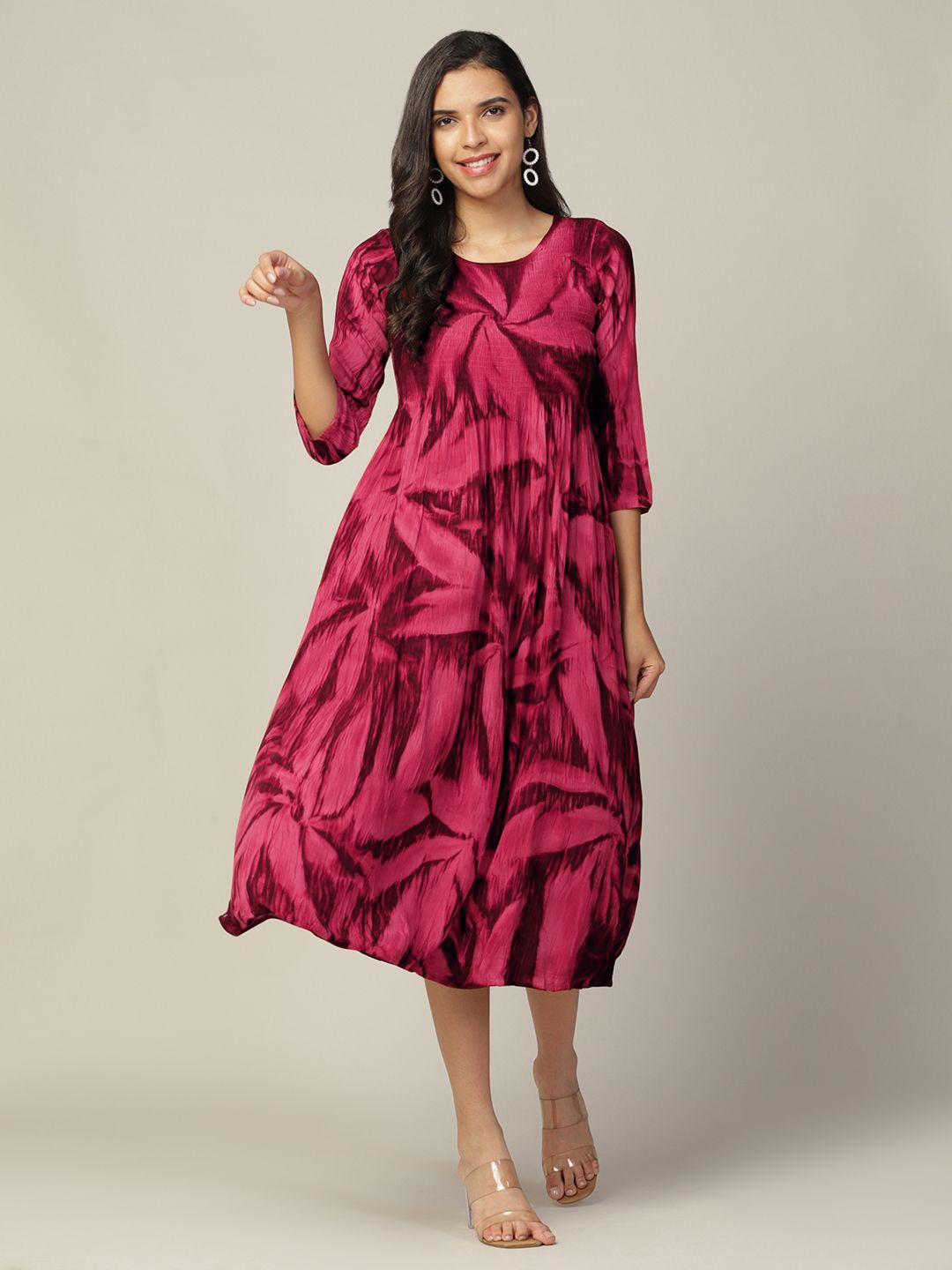 

OMPAX Print A-Line Midi Dress, Maroon