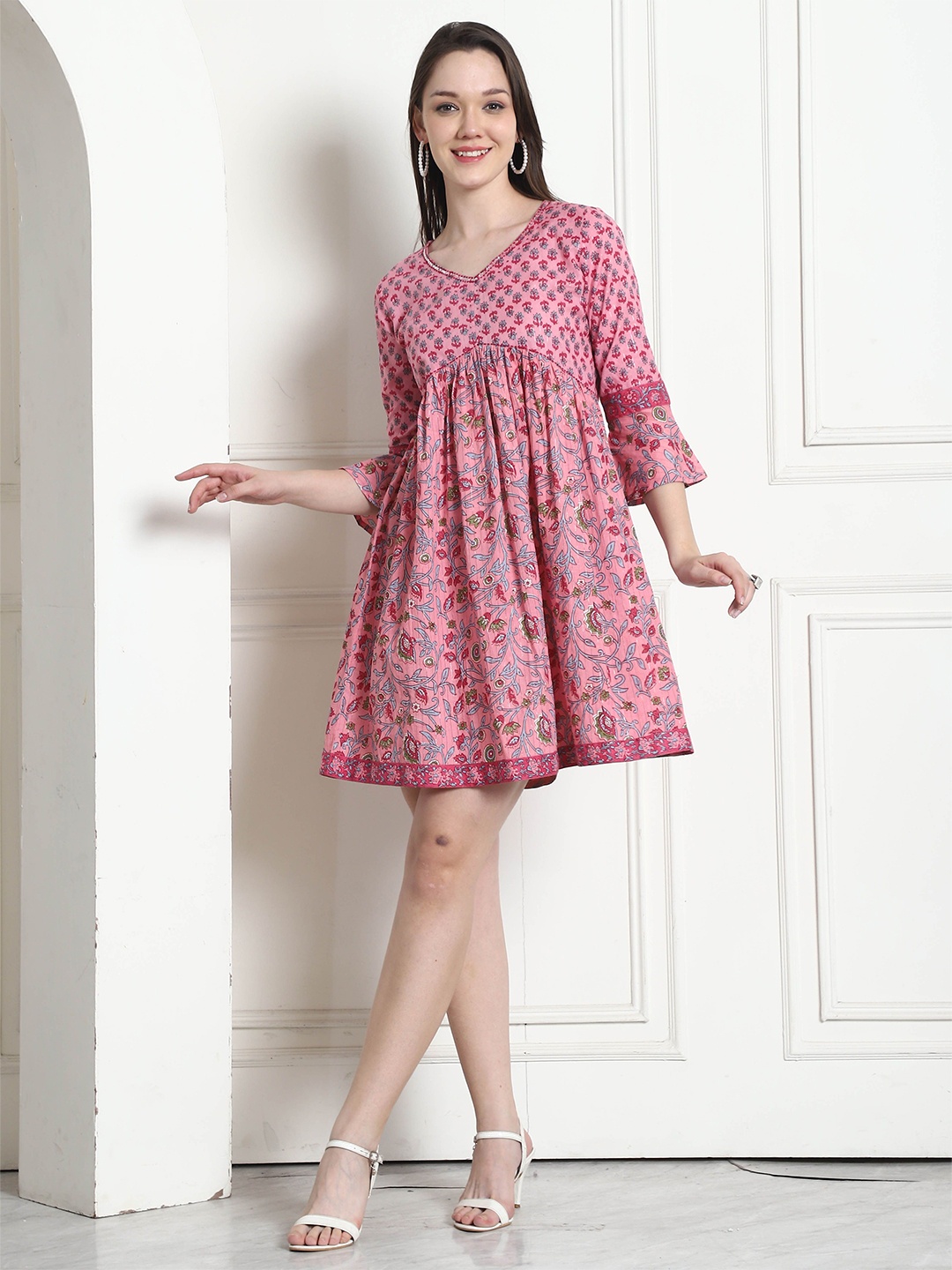 

Rajnandini Floral Print A-Line Dress, Pink