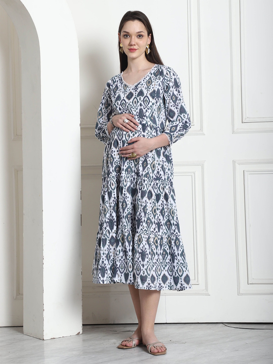 

Rajnandini Floral Print Maternity A-Line Midi Dress, Grey