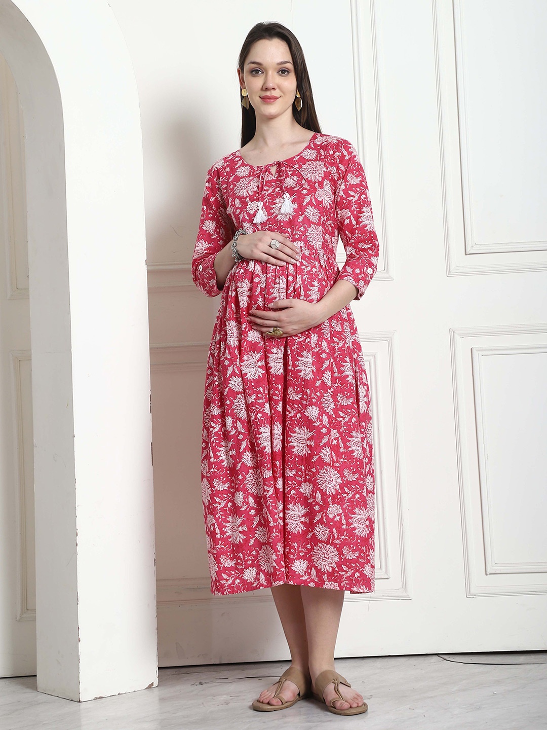 

Rajnandini Floral Print Maternity A-Line Midi Dress, Pink