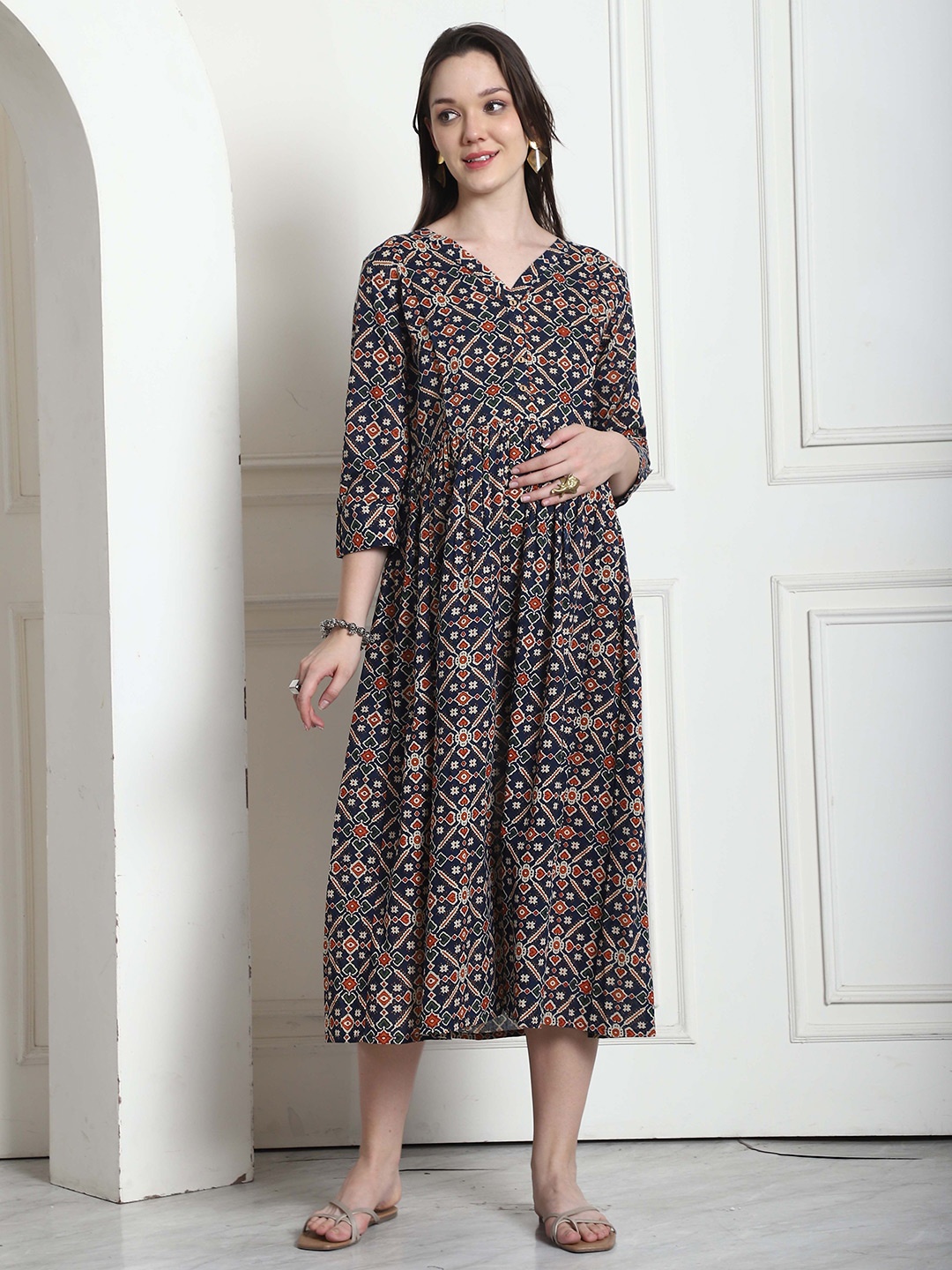 

Rajnandini Floral Print Maternity A-Line Midi Dress, Blue