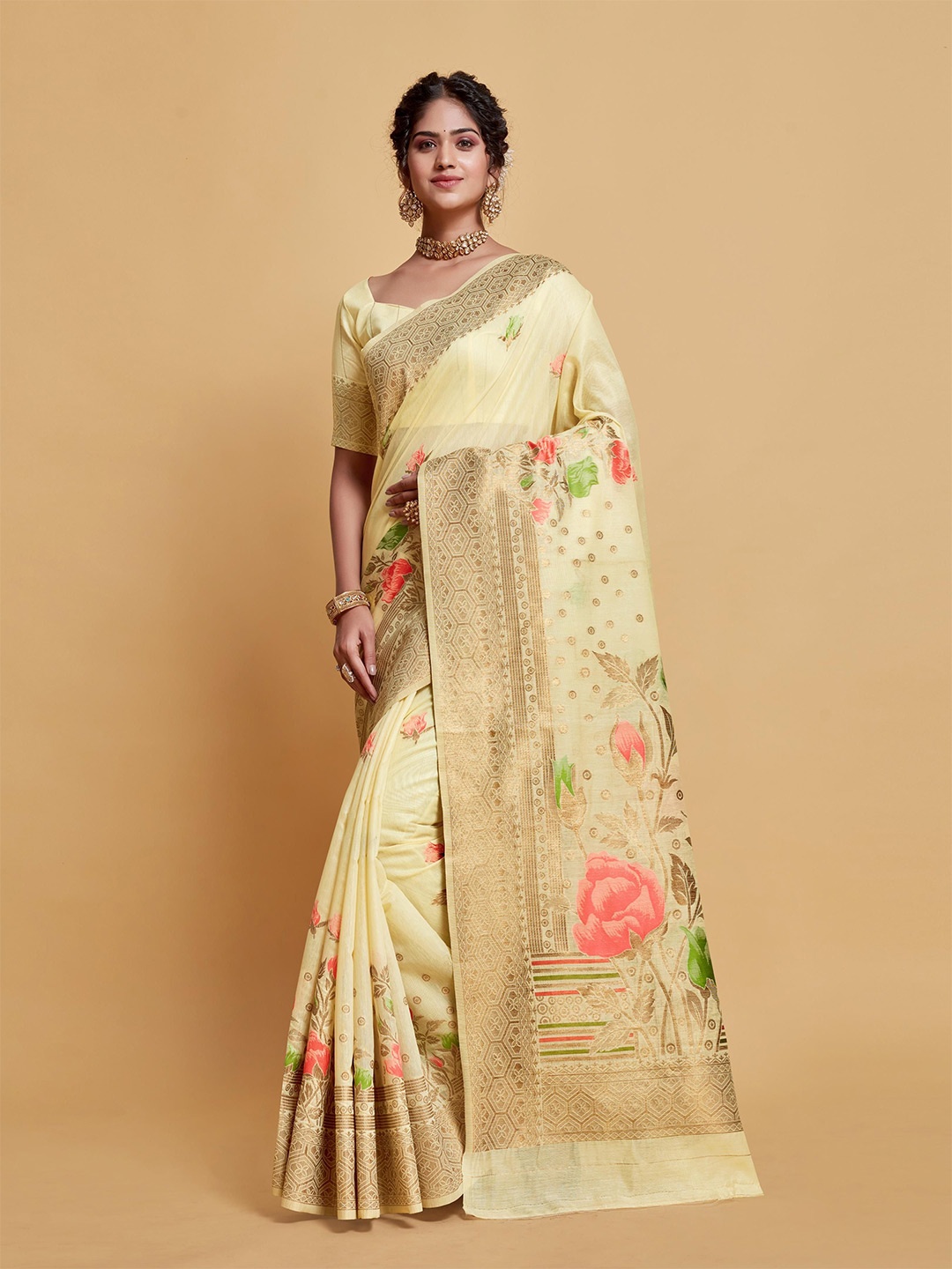 

ALAGINI Floral Zari Pure Cotton Saree, Off white