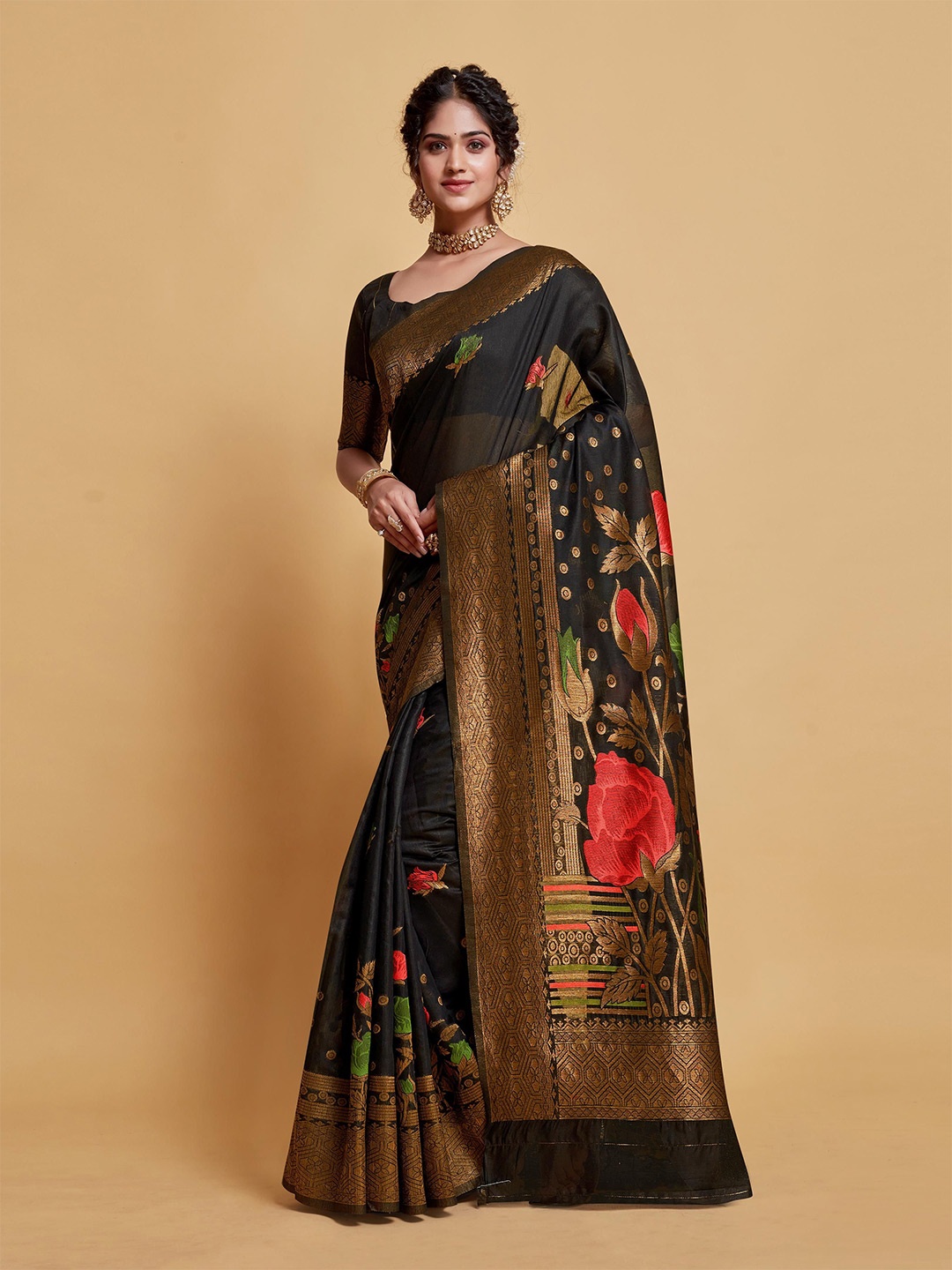 

ALAGINI Floral Zari Pure Cotton Saree, Black