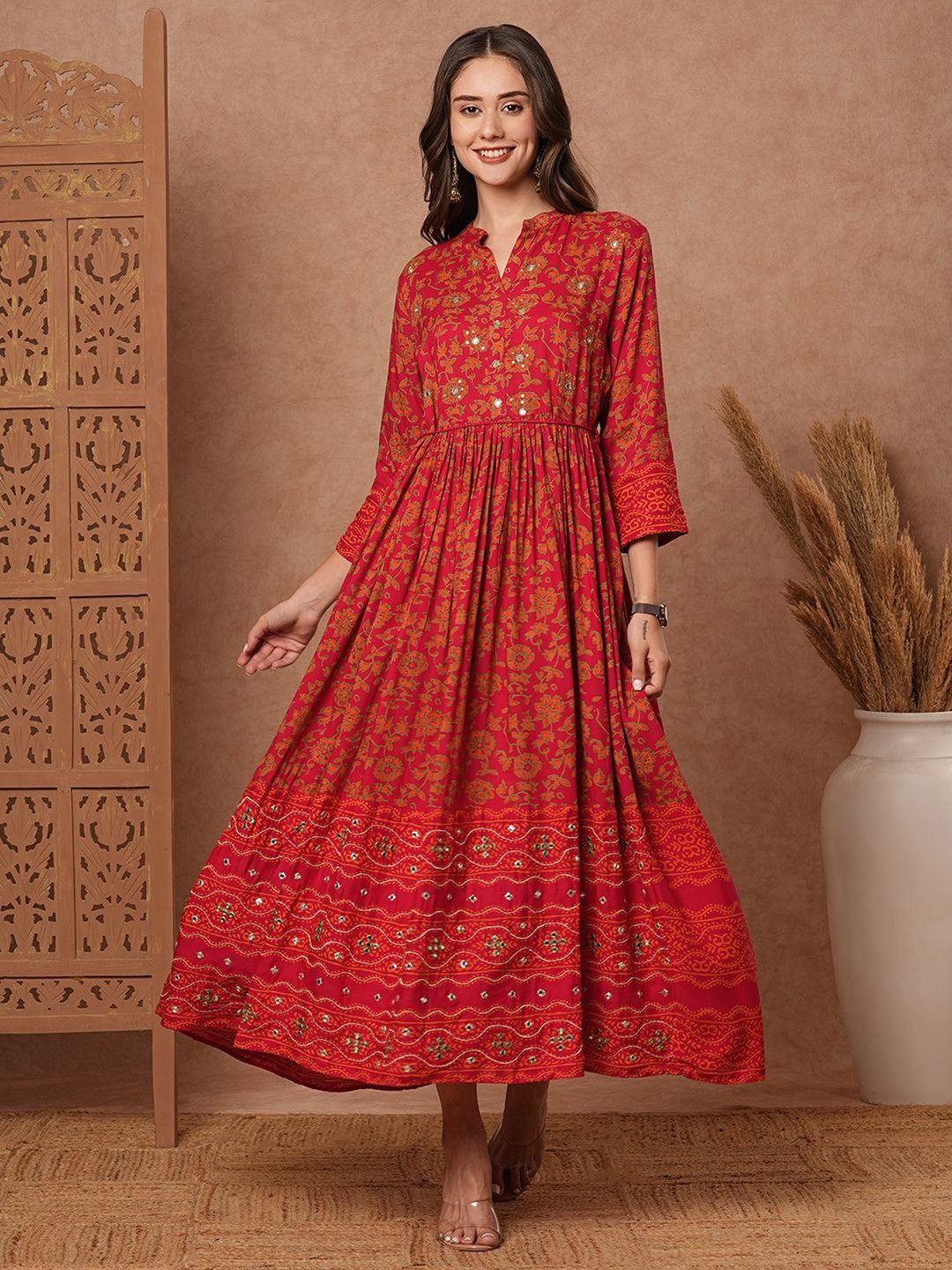 

FASHOR Ethnic Motifs Print Maxi Dress, Pink