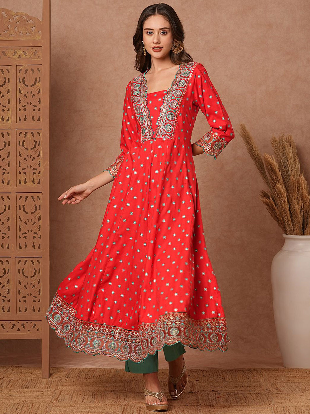 

FASHOR Women Ethnic Motifs Printed Sequinned Kurta, Red