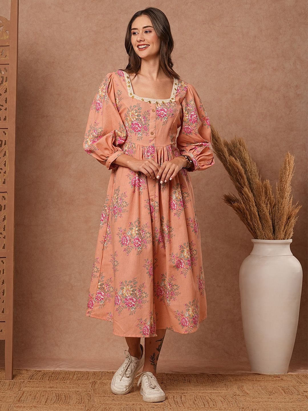 

FASHOR Floral Print A-Line Midi Dress, Peach