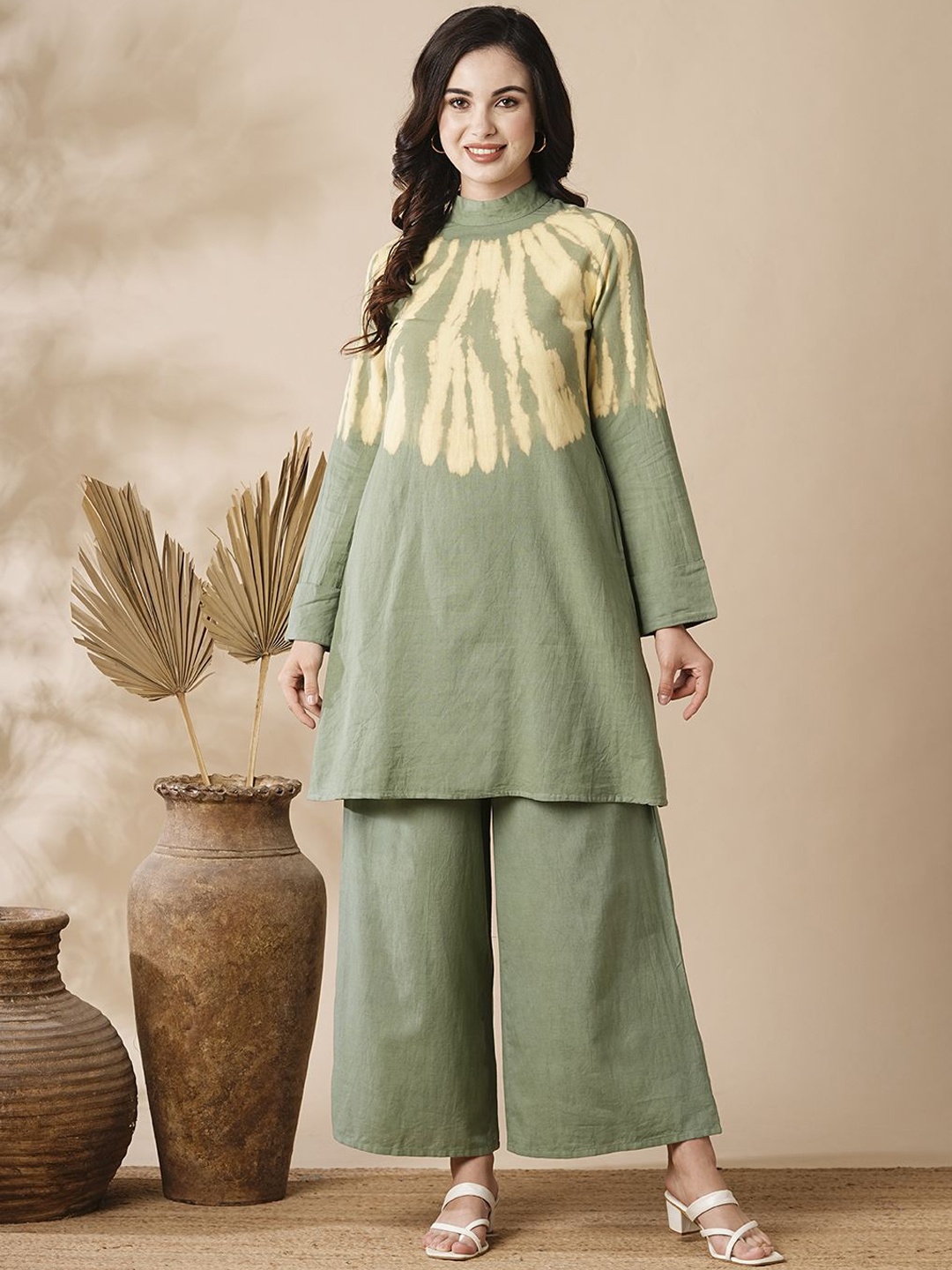 

FASHOR Dyed Pure Cotton Tunic With Palazzos Co-Ords, Olive