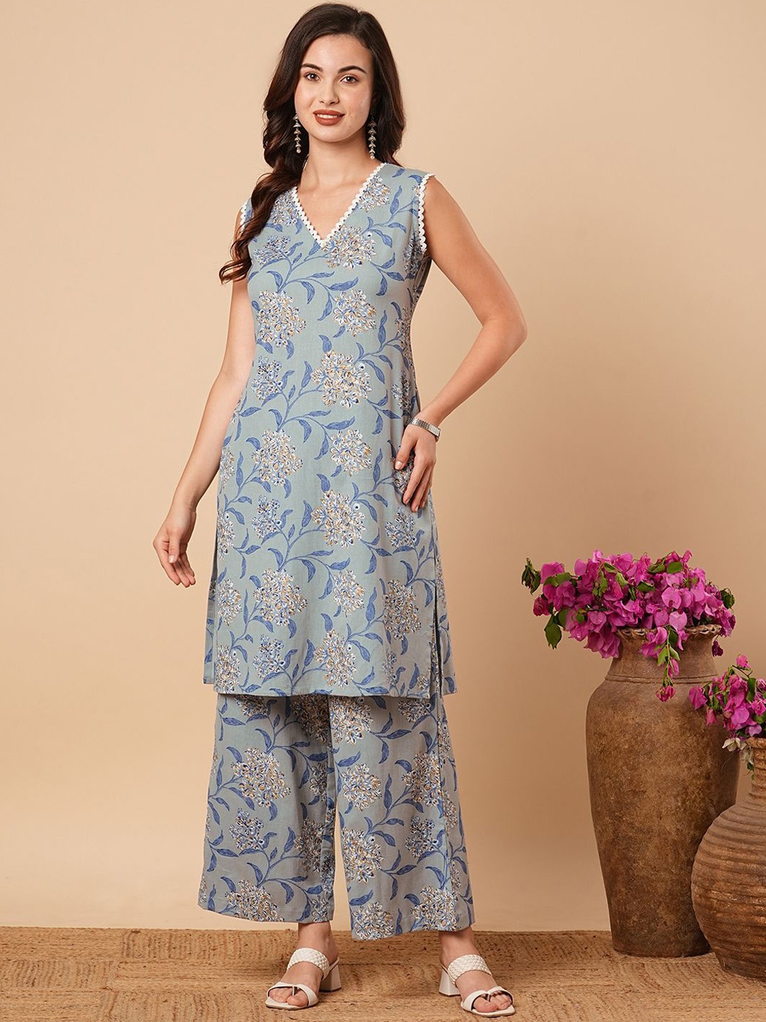 

FASHOR Printed Pure Cotton Tunic With Palazzos Co-Ords, Blue