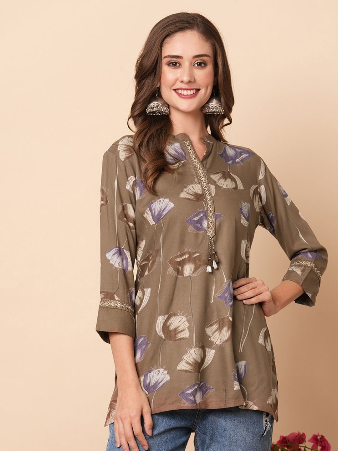 

FASHOR Floral Printed Mirror Work Mirror Work Kurti, Brown