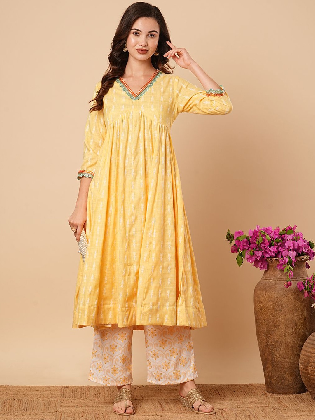 

FASHOR Women Ethnic Motifs Pleated Thread Work Pure Cotton Kurta with Palazzos, Yellow