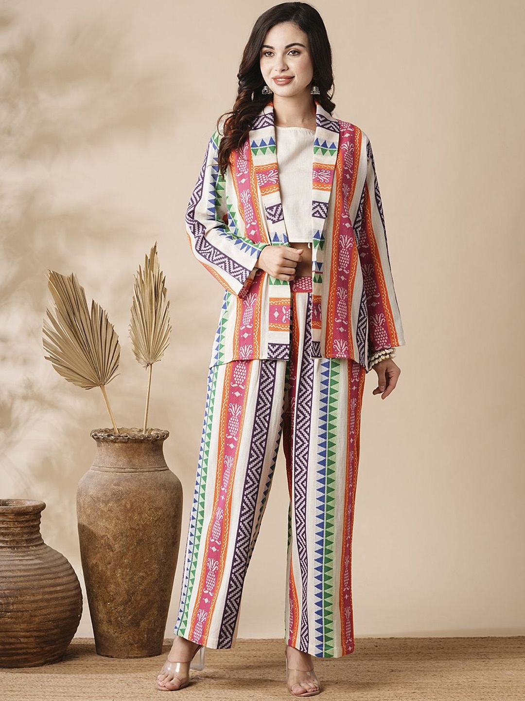 

FASHOR Green & Pink Ethinic Motfs Printed Shoulder Straps Cotton Top With Trouser & Jacket, White