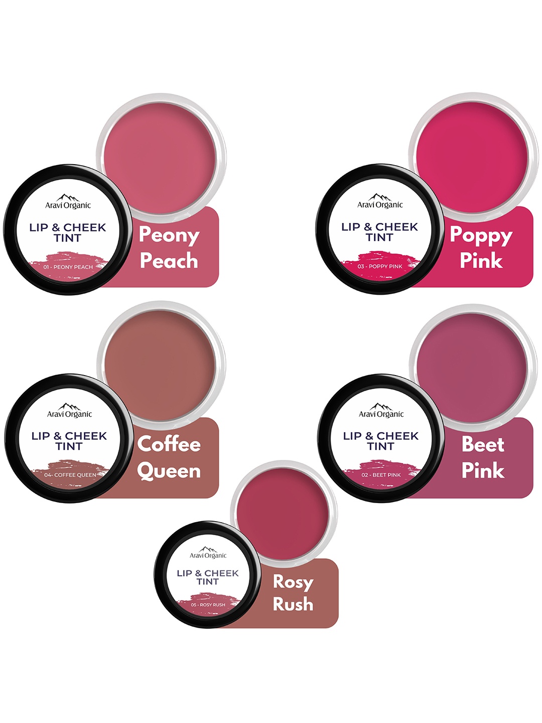 

Aravi Organic Set of 5 Nourishing & Hydrating Lip, Cheek & Eye Tint with Vitamin E, Multi
