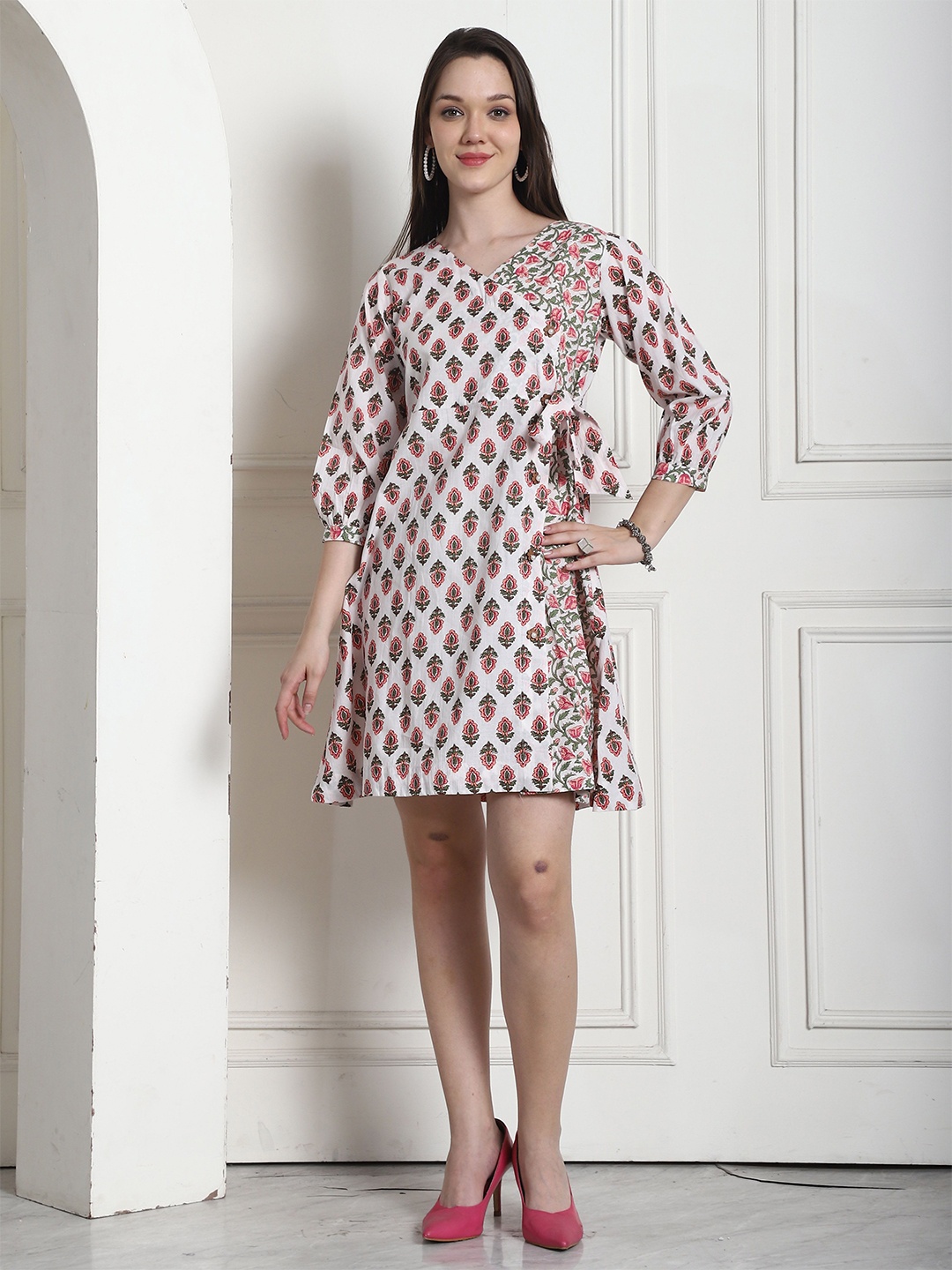 

Rajnandini Print Puff Sleeve A-Line Dress, White