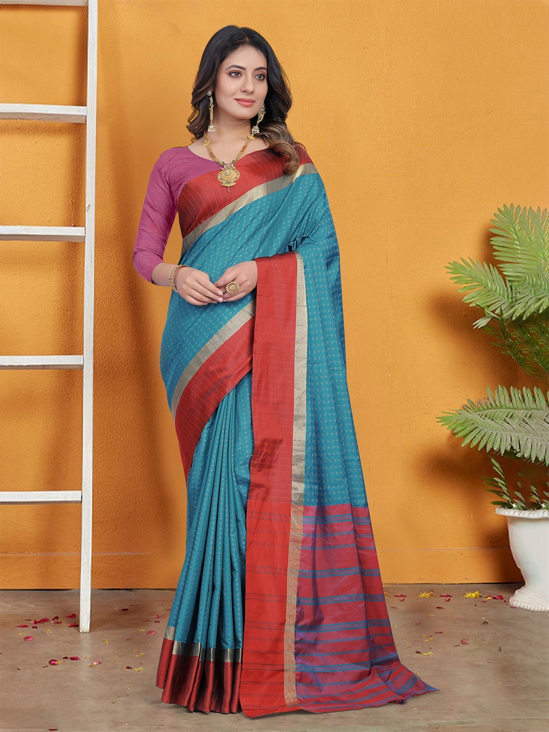 

V3 FASHION STUDIO Ethnic Motifs Zari Pure Cotton Banarasi Saree, Blue